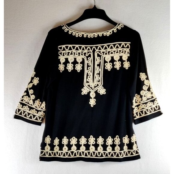 Lauren Michelle Tunic Top Embroidered Loops Flowers Soft Stretch 3/4 Sleeve Boho - Picture 4 of 7